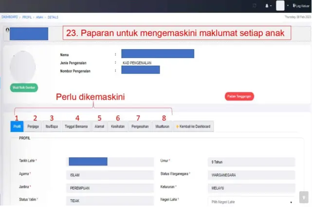 Setiap data kanak kanak akan dipaparkan